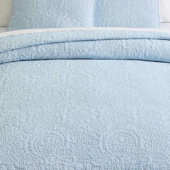Pottery Barn Belgian Flax Linen Floral Stitch Quilt Sea Breeze King / Cal. King - Picture 1 of 10